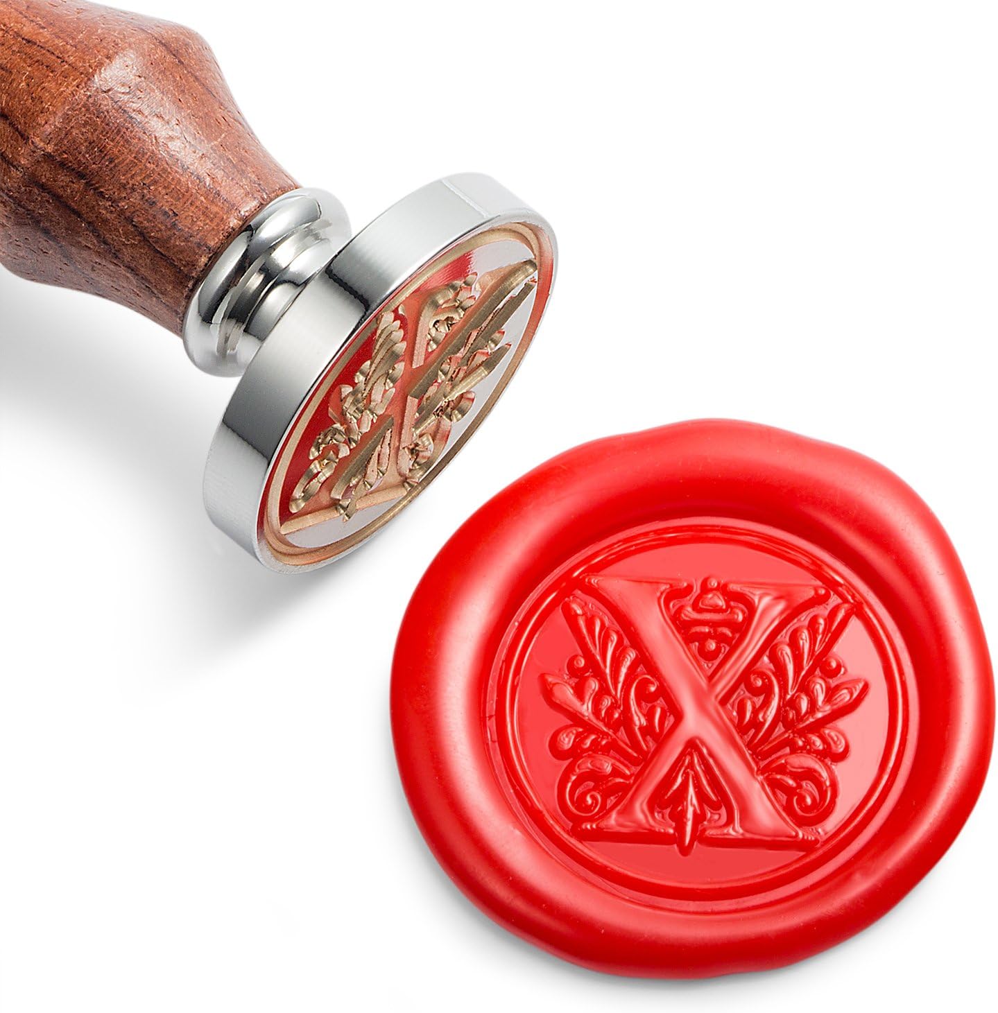 Mceal Wax Seal Stamp, Large Seal 1 1/5"(30mm) Dia, Silver Brass Head with Wooden Handle, Regal Letter A to Z Series (Letter X)