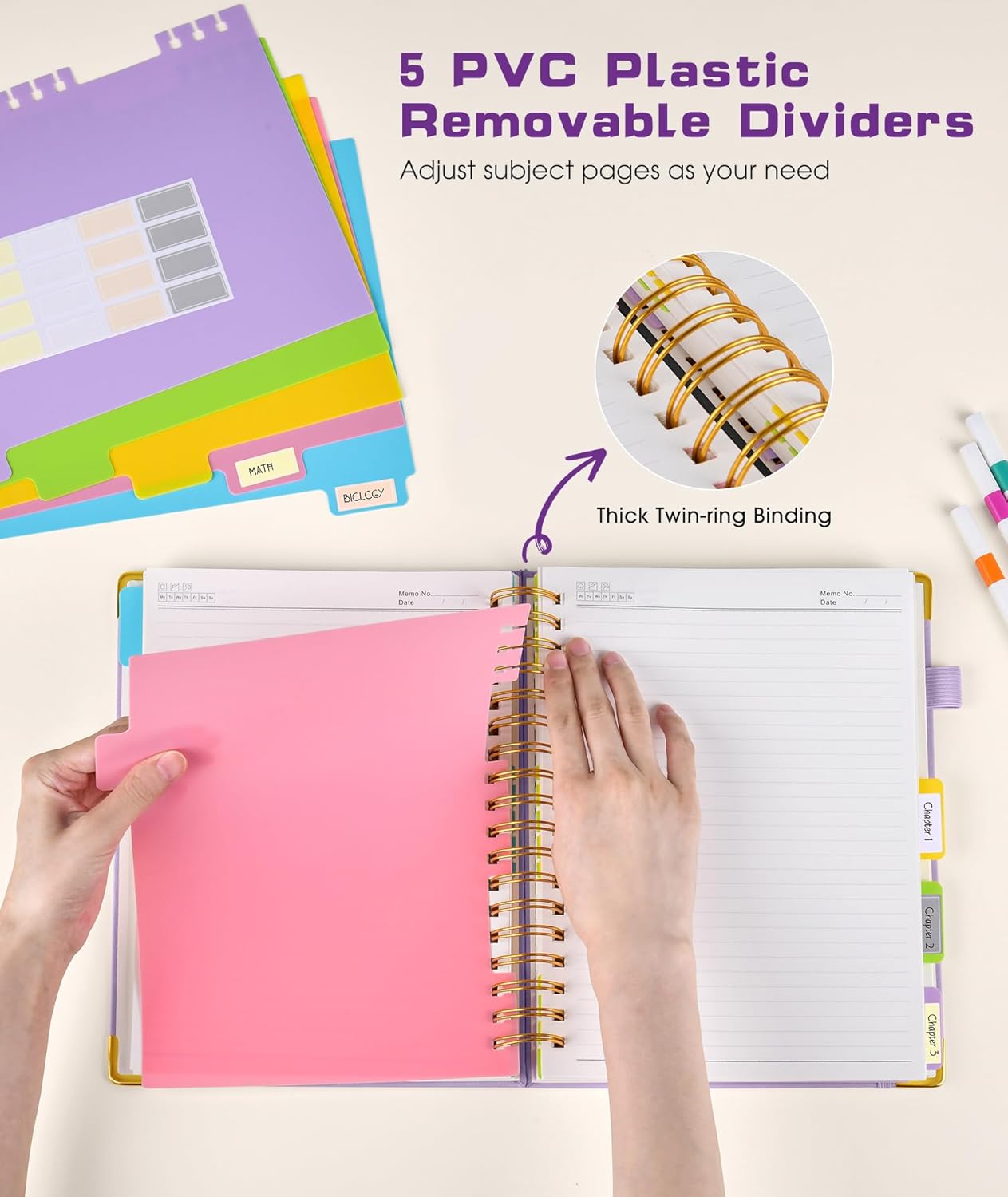 Hardcover Spiral Notebook journal with Removable Dividers Tabs, 300 Pages Leather 5 Subject Notebook College Ruled, 8"x10" Large B5 Notebooks for Work School Note taking,Lined Journal for Women,Purple