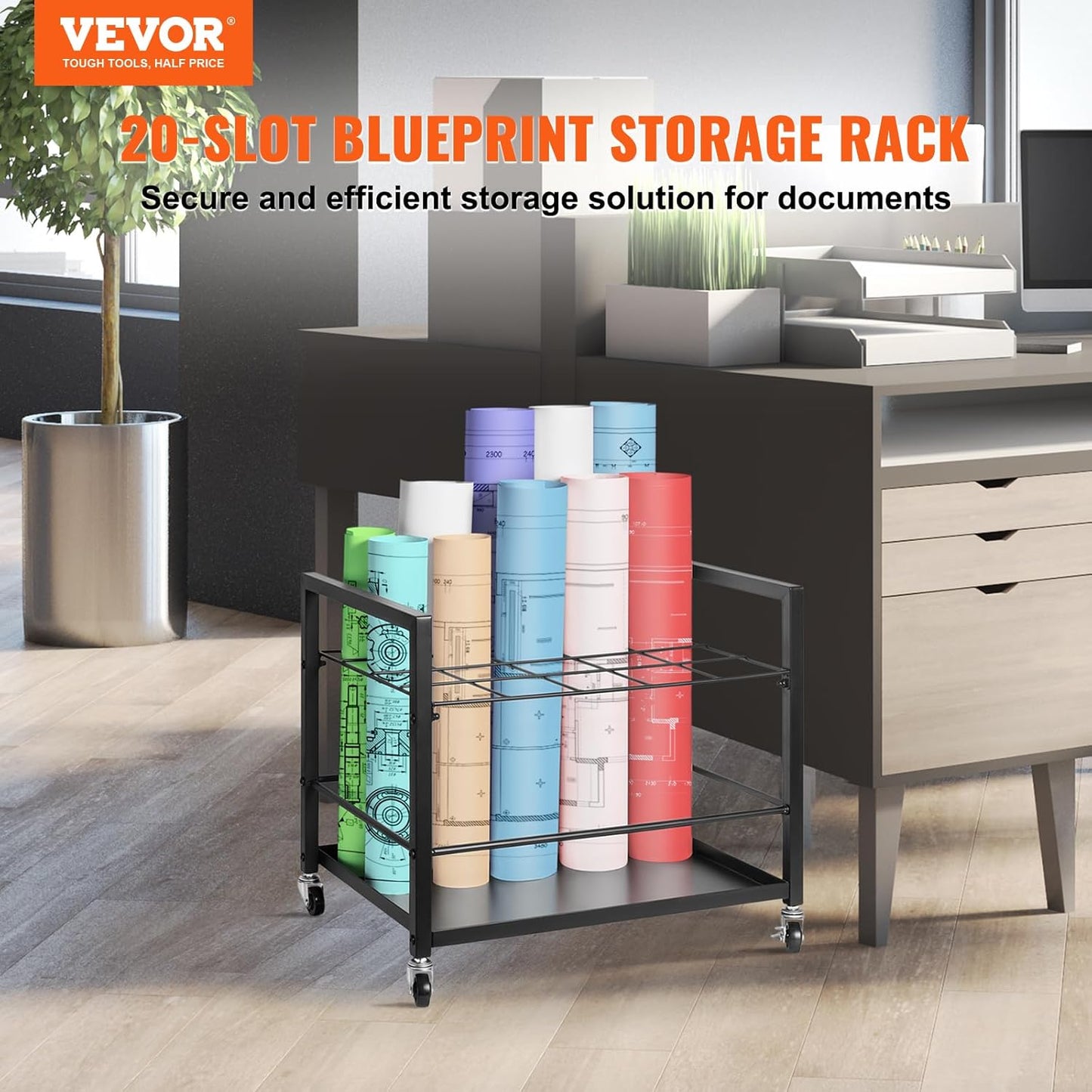 VEVOR Blueprint Storage Rack, 20 Slots Blueprint Holder with Wheels, Mobile Metal Blueprint Storage Cart for Map Poster Architectural Construction Plan, Roll File Organizer for Home, Office, School