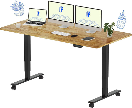 FLEXISPOT E6 MAX Rubber Wood Dual Motor 3 Stages Standing Desk 63x24 Inch Whole-Piece Board Electric Height Adjustable Stand Up Desk 150KG Load Capacity(Black Frame + Rubber Wood Desktop)