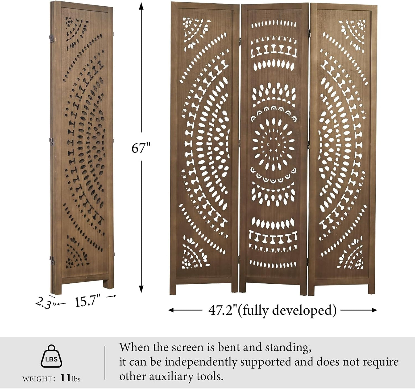 66.9Inch Folding Room Divider, 3 Panels Wood Carved Privacy Screens, Free Assembled Freestanding Partition for Home Office Restaurant Bedroom (Brown)