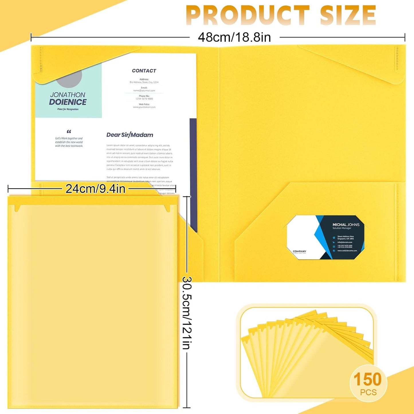 Henoyso 150 Pcs Plastic Folders with Clear Front Pockets Bulk Heavy Duty File Folders with 2 Pockets and Card Slot for Student Teacher Back to School Supplies Office Presentation (Yellow)