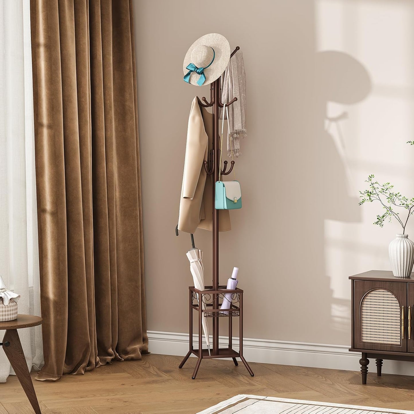 ELYKEN Coat Rack Freestanding, Metal Coat Rack Stand with Umbrella Holder, Modern Coat Tree with 12 Hooks, Floor Standing Corner Hall Tree for Entryway Living Room Bedroom Office, Brown