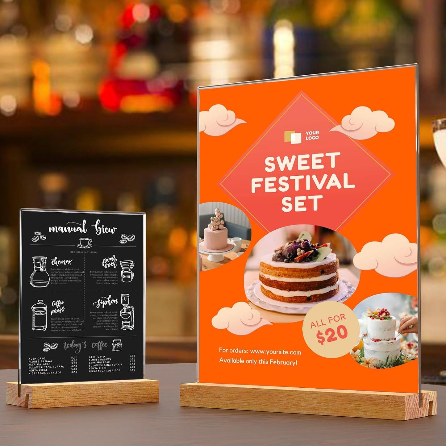 Acrylic Sign Holder with Wooden Base, Desktop Display Stand (4x6 6Pack)