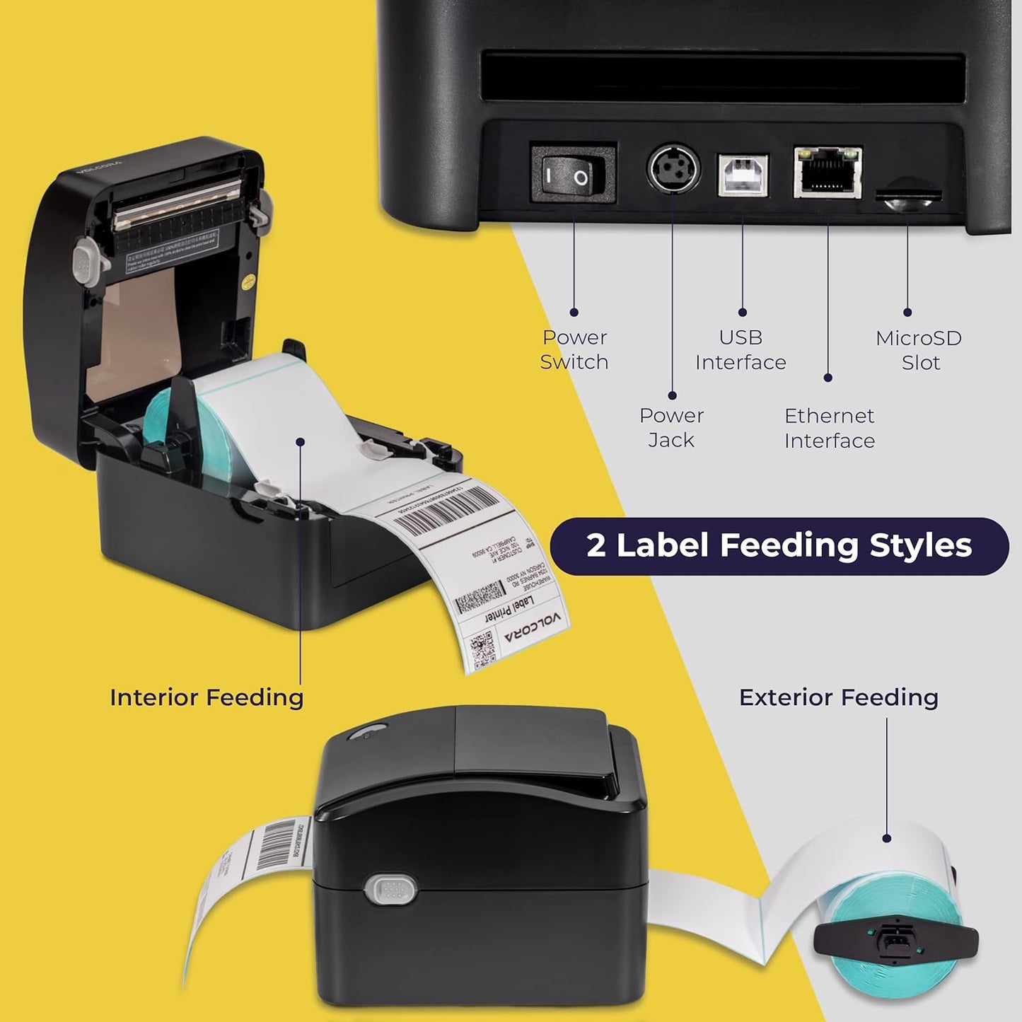 Volcora Thermal Label Printer with Ethernet/USB - Desktop 4x6 Shipping Label Printer, Compatible with Windows, Linux, Mac - Ideal for Small Business, Inkless Printer for Shipping Packages (Black)