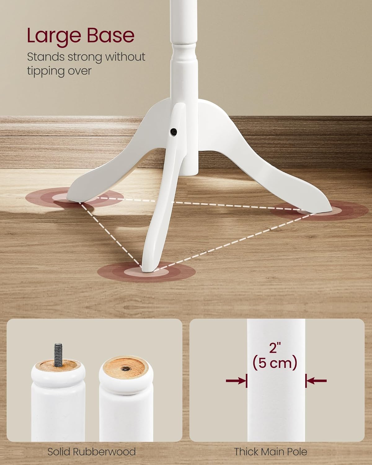 VASAGLE Solid Wood Coat Rack and Stand, Free Standing Hall Coat Tree with 10 Hooks for Hats, Bags, Purses, for Entryway, Hallway, Rubberwood, Cloud White URCR03WT