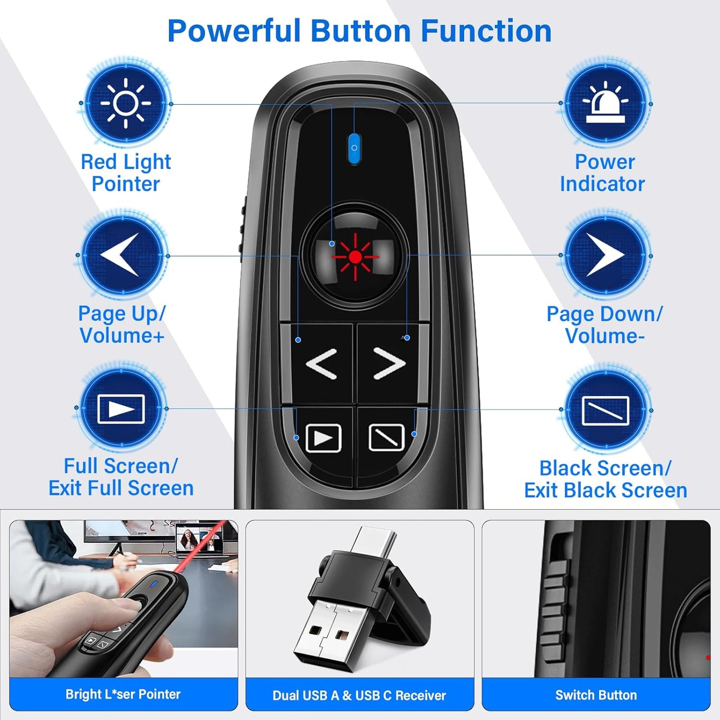 2-in-1 USB Type C Presentation Clicker, Wireless Presentation Clicker PowerPoint Presenter Remote with Volume Control, Powerpoint Clicker with Slide Advancer for Computer/Laptop/Mac