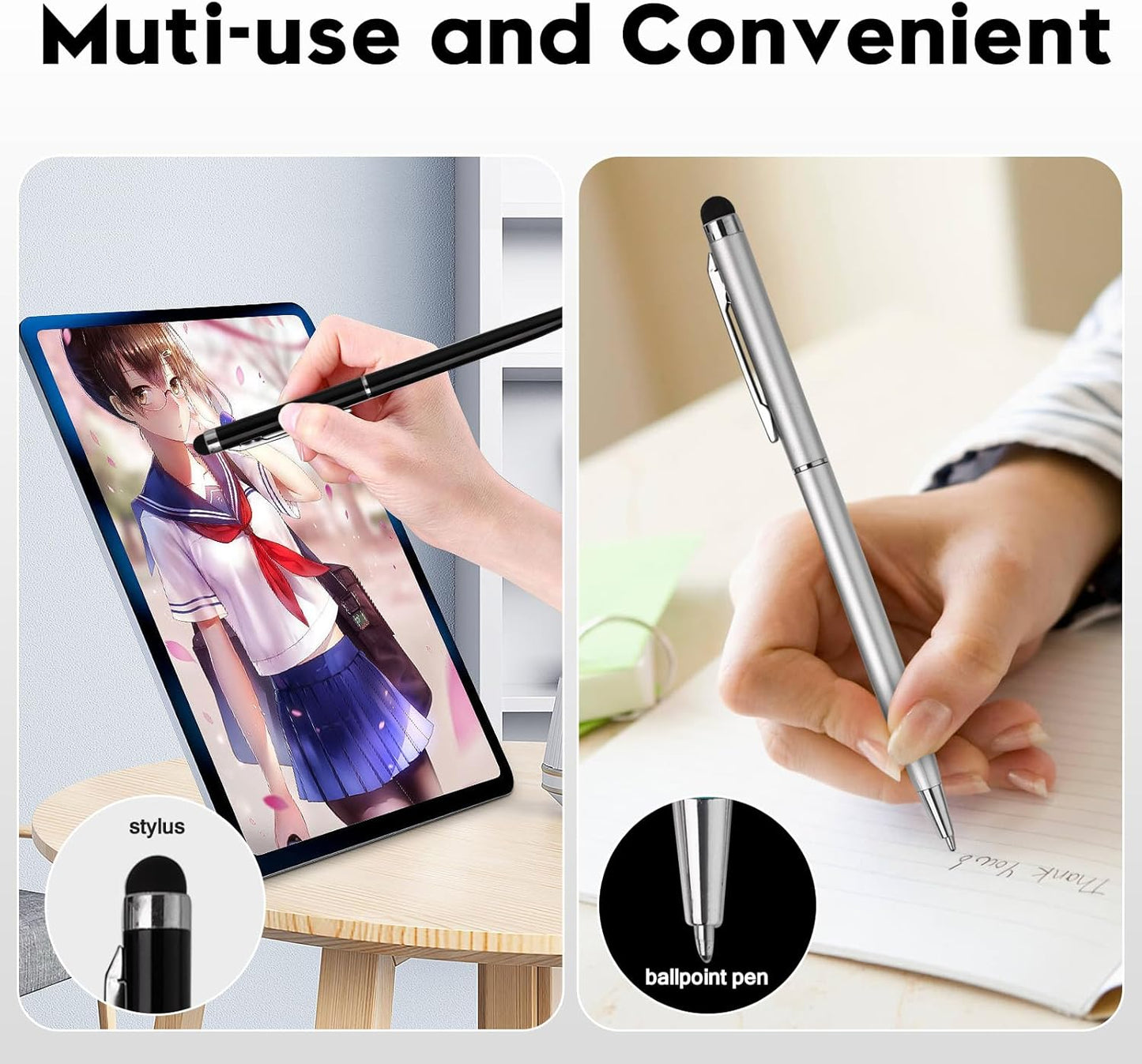 15 Pack Stylus Pens for Touch Screens Stylus Pen Compatible with Phone Tablets Kindle and Black Ink Ballpoint Pens-2 in 1 Stylists pens for Touch Screens (Silver & Black)