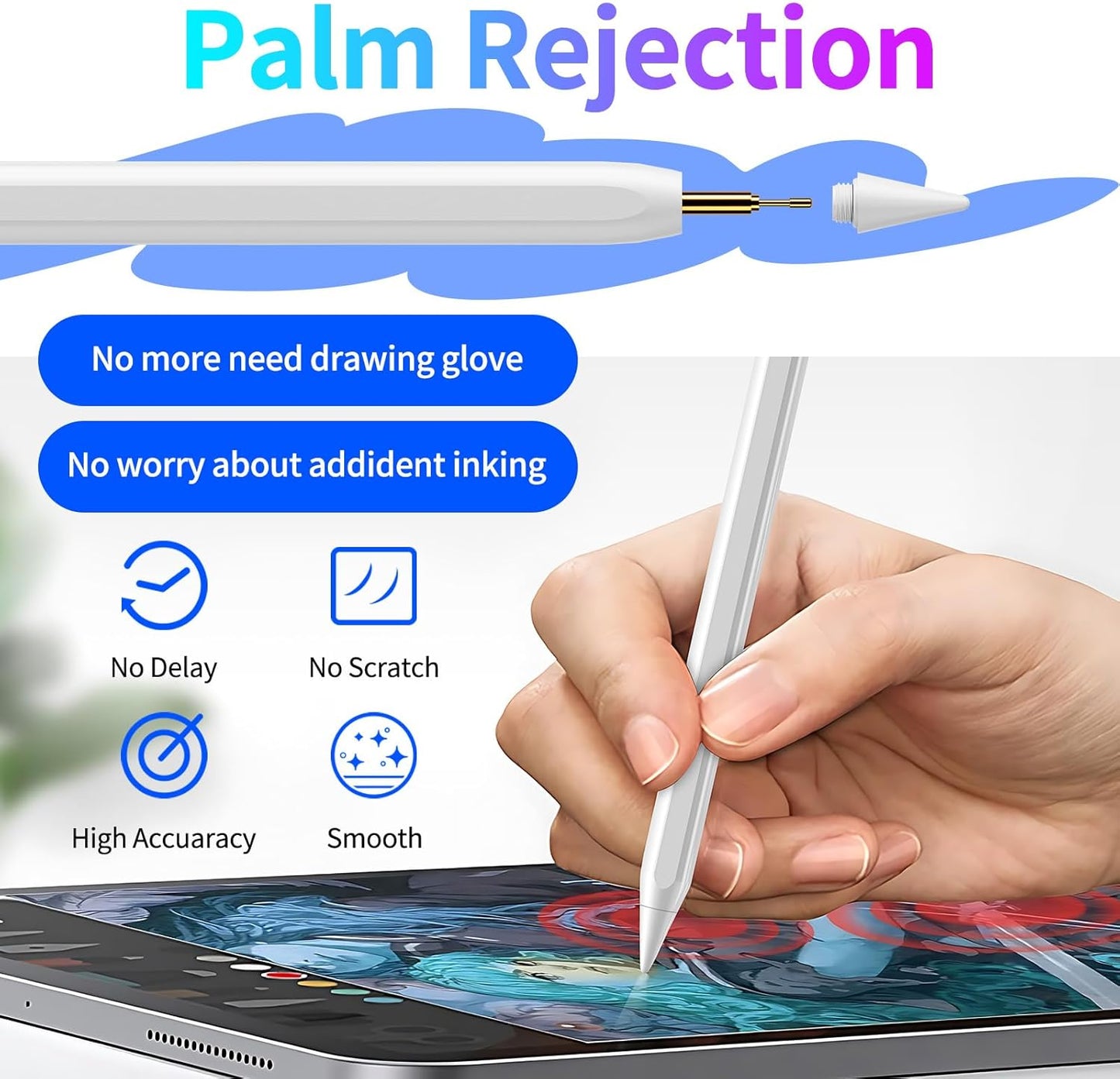 Stylus Pen for iPad, Fast Charging Pencil for Apple Pad with Palm Rejection, Tilt Sensitivity for iPad 6-10, Pro 11"/12.9"/M4, Air 3/4/5/M2, Mini 5/6, Austere White