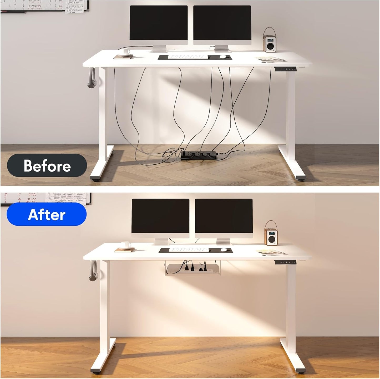 FLEXISPOT EN2 Whole-Piece Standing Desk with Clamp Power Strip, 48 x 24'' Electric Stand Up Height Adjustable Desk with Cable Management (Black Frame + 48" White Top, 2 Packages)