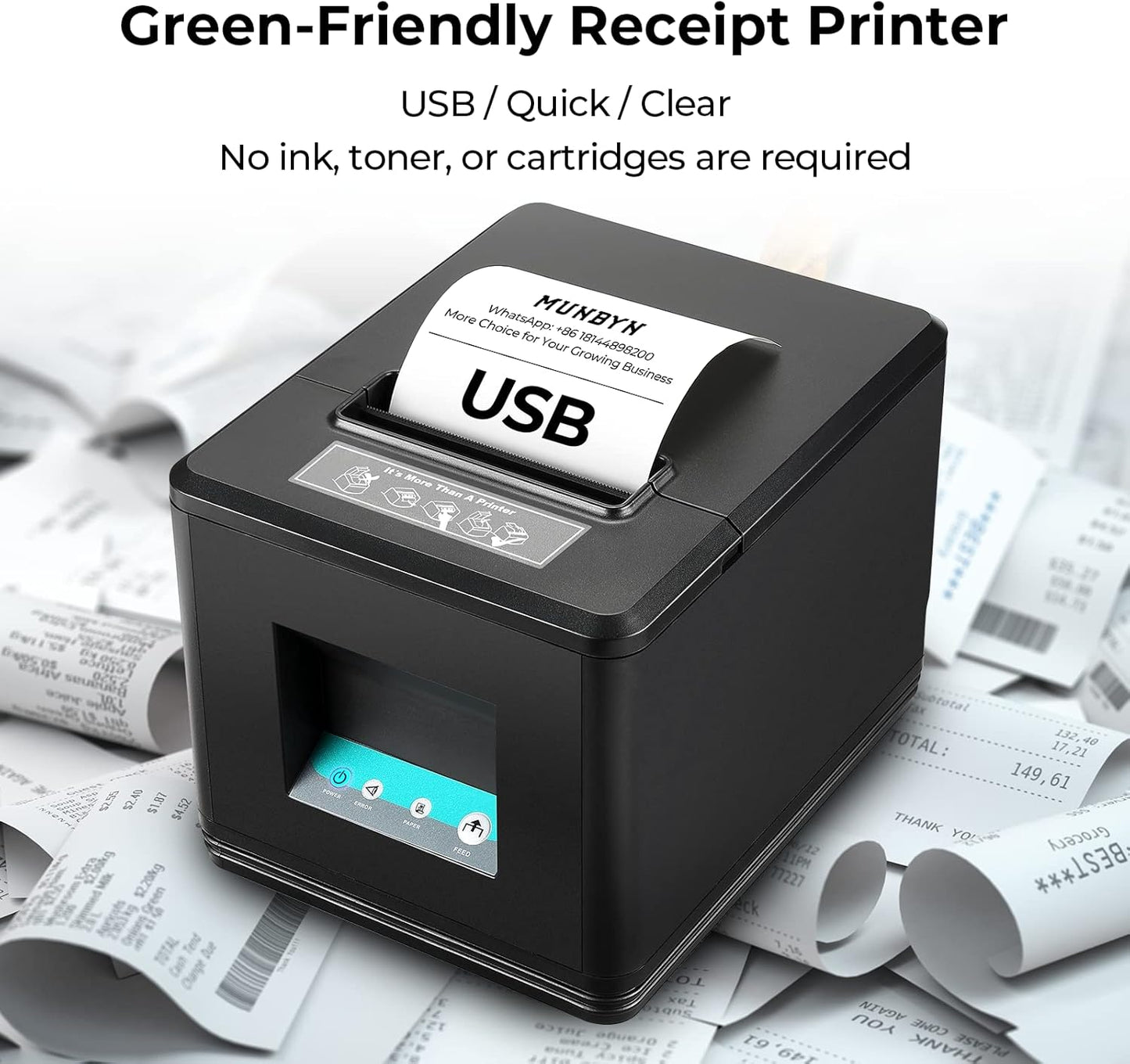 MUNBYN 80mm USB Thermal Receipt Printer, POS Printer with Auto Cutter ESC/POS Command Support Windows Mac, Do Not Support Square (Only USB Interface)