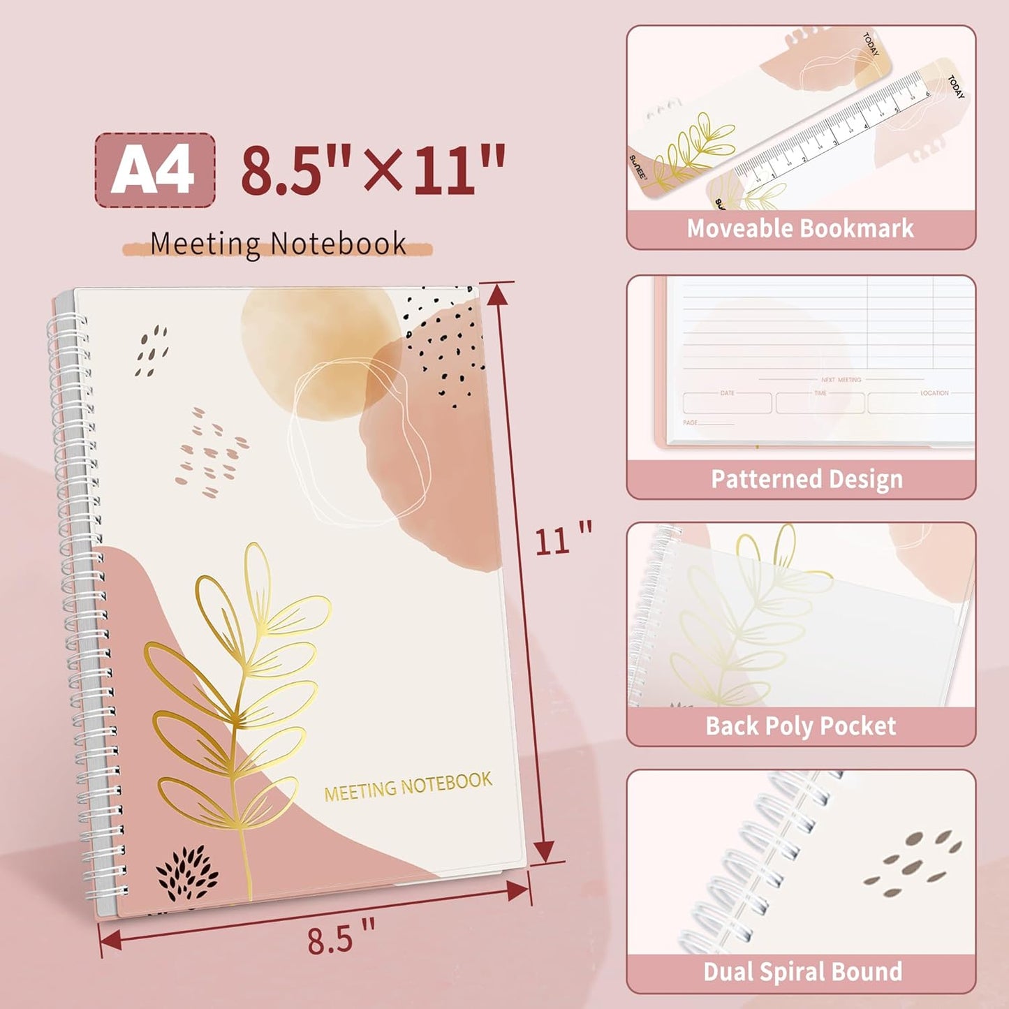 SUNEE Half Meeting Half Note - 8.5"x11" Professional Notebooks for Work - 160 Pages, A4 Size Project Planner, Spiral Meeting Agenda/Minutes Organizer for Women Men, Note Taking, Office & Business