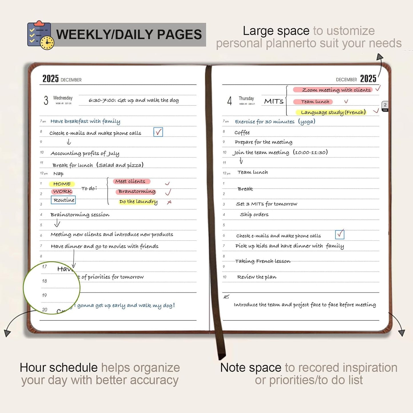 Daily Planner 2025-2026, Academic Planner 2025-2026 Weekly and Monthly Planner, Calendar Book with Hourly Schedule 8.5"x5.8", July 2025 to June 2026, Faux Leather Cover (Brown)