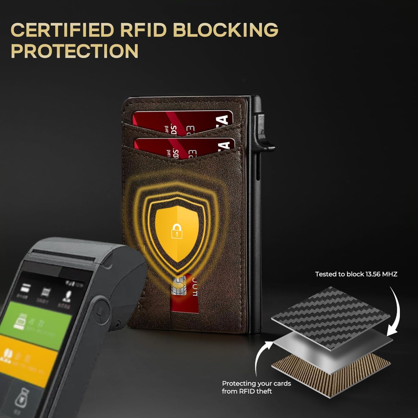 Slim Card Wallet for Men with ID Window – Minimalist RFID Wallet, Pop-Up Function, Ultra Thin Design, Metal Business Card Case Holds 8+ Cards, Gifts for Men, Men's Accessories