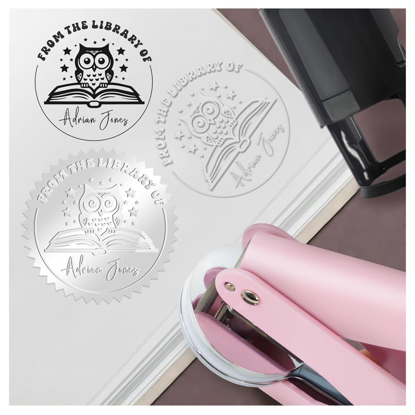 Book Embosser Custom Embosser Stamp with Your Name or Design Personalized Library Embosser Stamp Customized Books Business Cards Paper Documents Notebooks etc. (19)