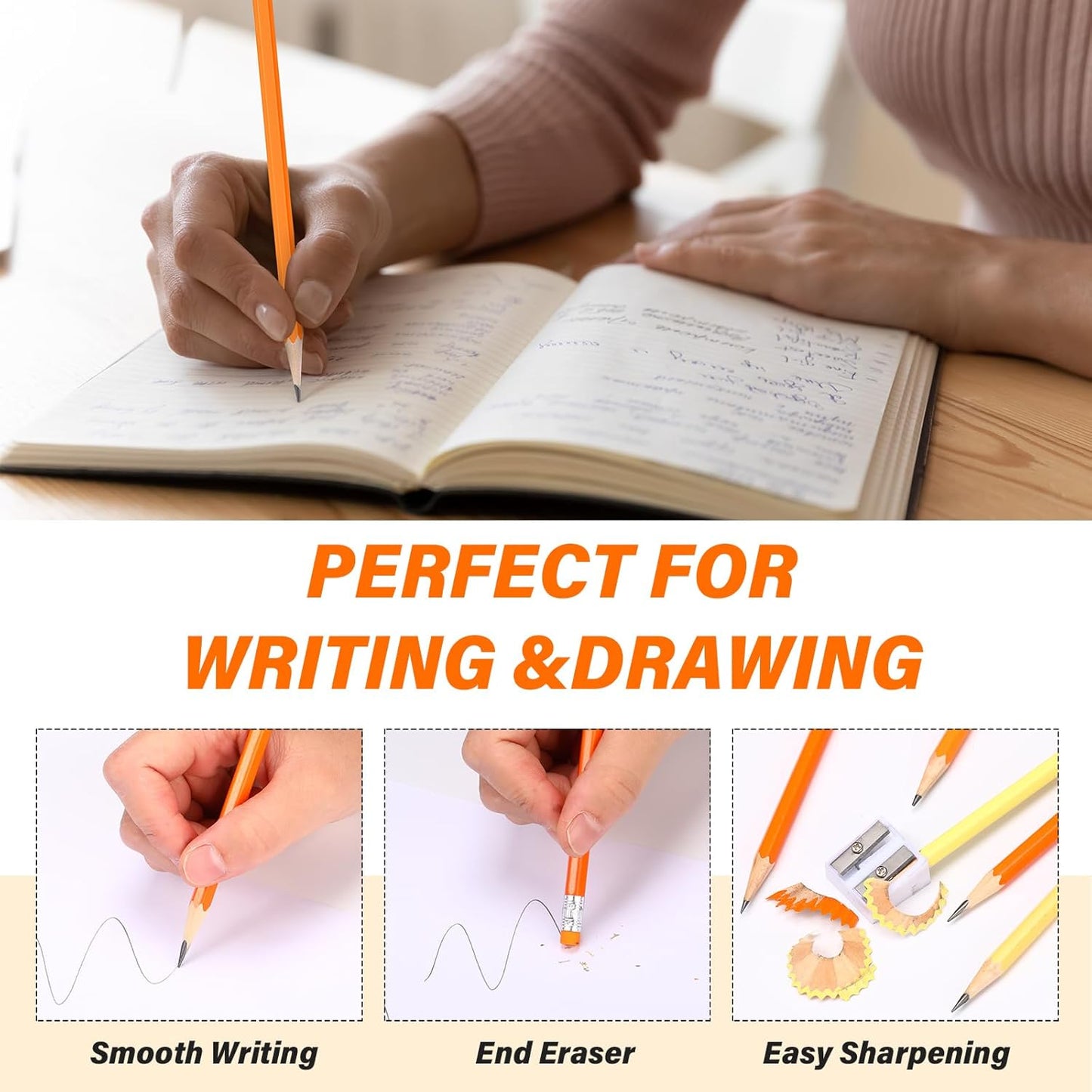 TecUnite 120 Pcs #2 HB Pencils with Eraser No 2 Unsharpened Wooden Hexagonal Pencils for Adults Gifts for School Exam art Learning Office Sketching(Orange Series)