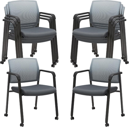 CLATINA Mesh Back Stacking Arm Chairs with Upholstered Fabric Seat and Ergonomic Lumbar Support for Office School Church Guest Reception (WithWheels Gray- 8 Pack)