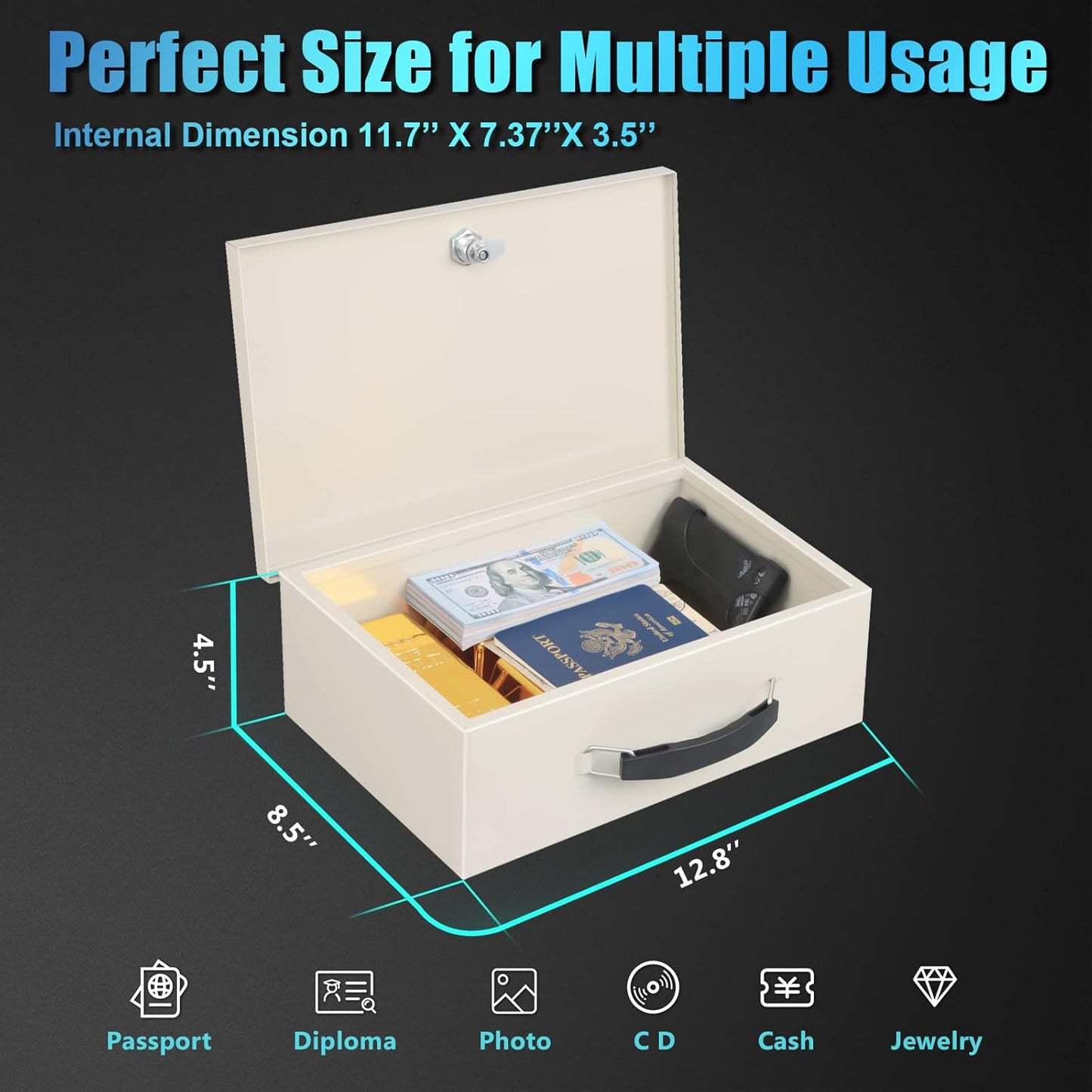 xydled Fire Resistant Safe Fire Safe Box with Key Lock for Home Office Security Storage for Valuables Documents,12.8 x 8.5 x 4.5 Inch,White,Beige