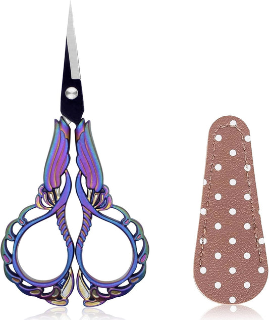BIHRTC 4.5 Inch Vintage Embroidery Scissors with Artificial Leather Cover Stainless Steel Sharp Pointed Tip Scissors Shears Cross Stitch Sewing Crochet Scissors for Crafting Crochet Sewing