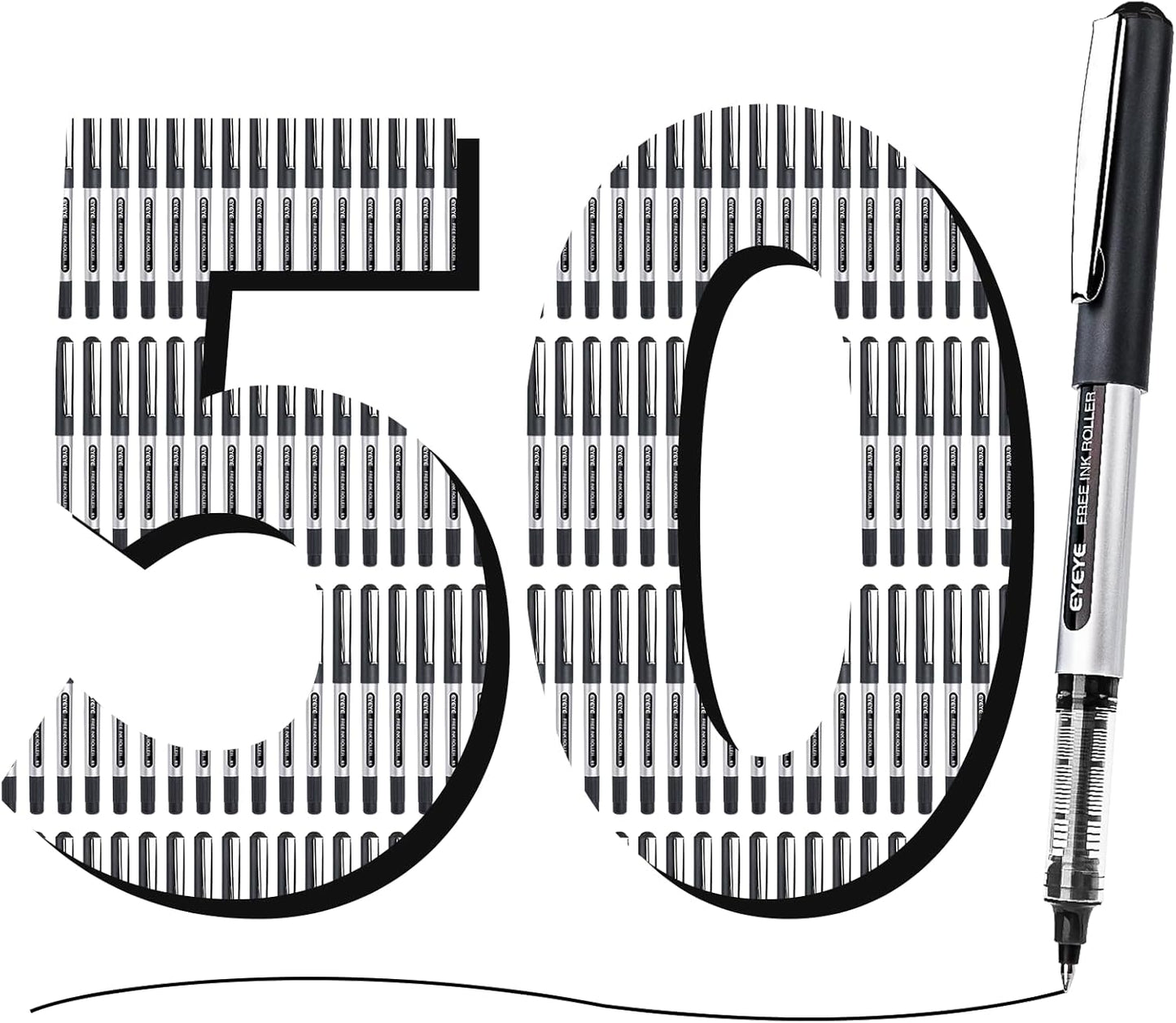 EYEYE Rollerball Pens 0.5mm Black 50 Pack, Extra Fine Point Quick Dry Liquid Ink Roller Ball Pens Fine Point Smooth Writing Pen for Journaling, Note Taking, Office, School Supplies