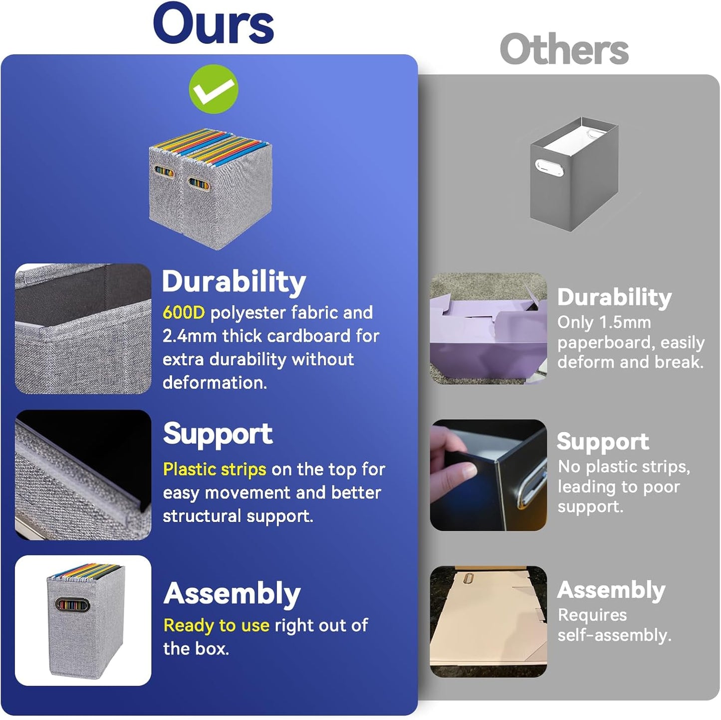 6 Packs Letter Size File Organizer, File Folders Organizer, Fabric Storage Box, Collapsible Paper Organizer with Metal Handle, Smooth PVC Rails, Only Box (Gray)