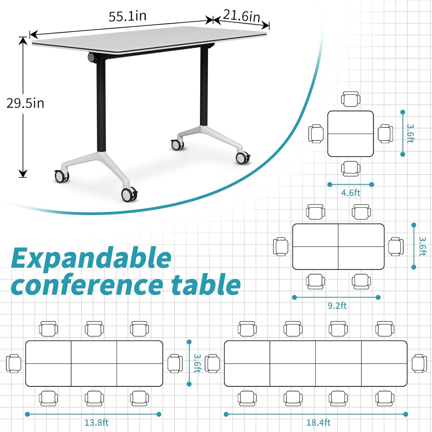 Folding Conference Table, Modern Conference Room Tables with Flip-Top Design, Foldable Conference Table Meeting Table with Wheels, Mobile Seminar Training Tables for Office Classroom (2, White 2)
