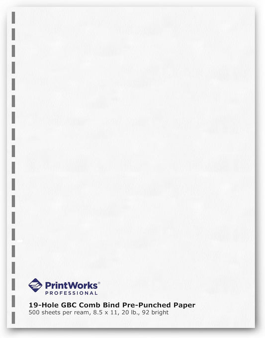 PrintWorks Professional Prepunched Paper, 8.5 x 11, 20 lb, GBC CombBind 19-Hole Punched Report & Presentation Paper, 500 Sheets, White (04328)