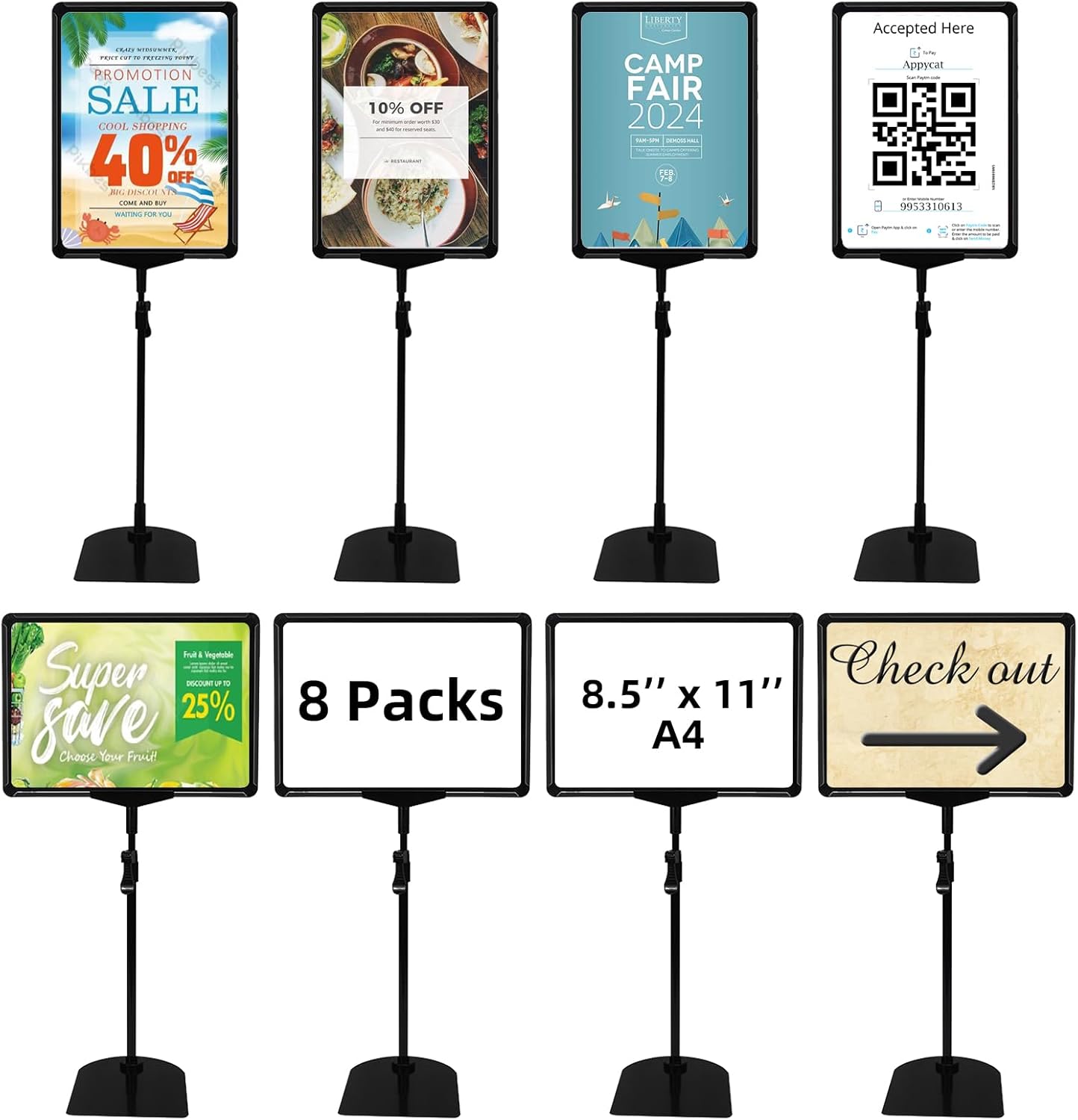 Sign Holder Stand,Sign Stand for Display,Adjustable Sign Holders For Table Top，Table Sign Holders 8.5 x 11,8 Packs,Black