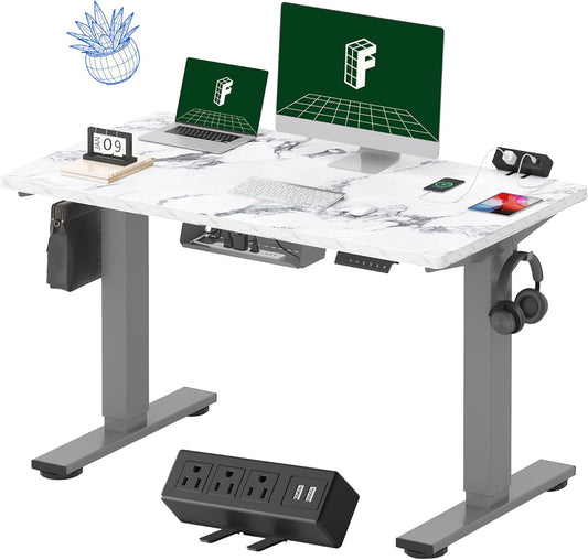 FLEXISPOT EN2 Whole-Piece Standing Desk with Clamp Power Strip, 48 x 24'' Electric Stand Up Height Adjustable Desk with Cable Management (Gray Frame + 48" Marble Gray, 2 Packages)