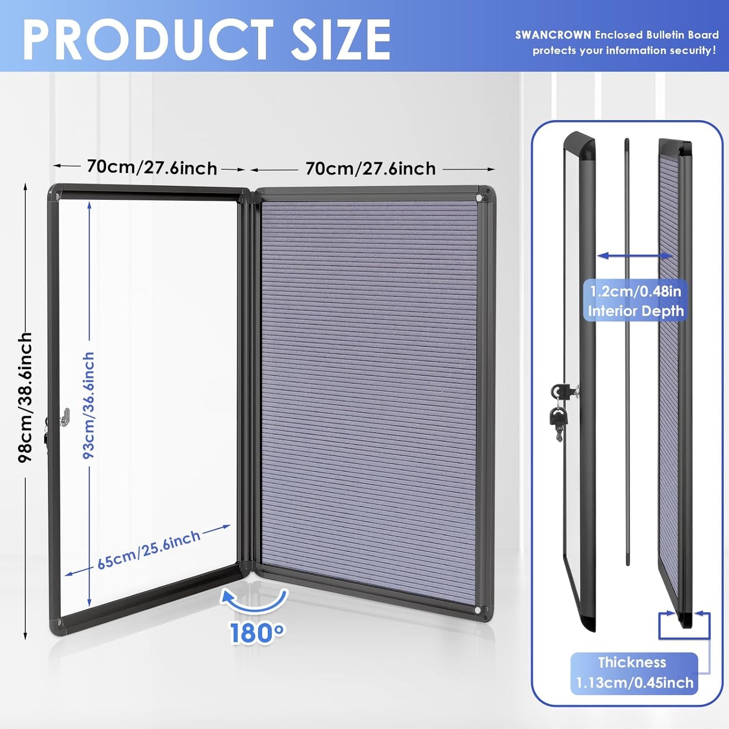 SWANCROWN Enclosed Bulletin Board with Locking Door 38x28 in, Lockable Felt Letter Board Sign Tamperproof Message Board for Office School Home, Black Aluminum Frame, Grey