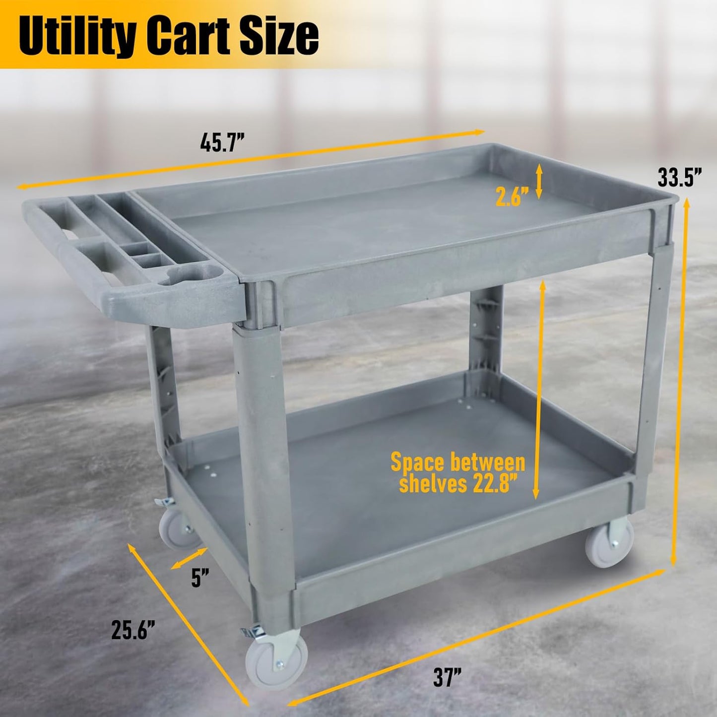 2 Tier Rolling Utility Cart on Wheels, 1000 lbs Capacity Plastic Service Cart with Lipped Shelves, 46 x 26-Inch Heavy Duty Work Cart for Warehouse, Garage, Cleaning, Gray