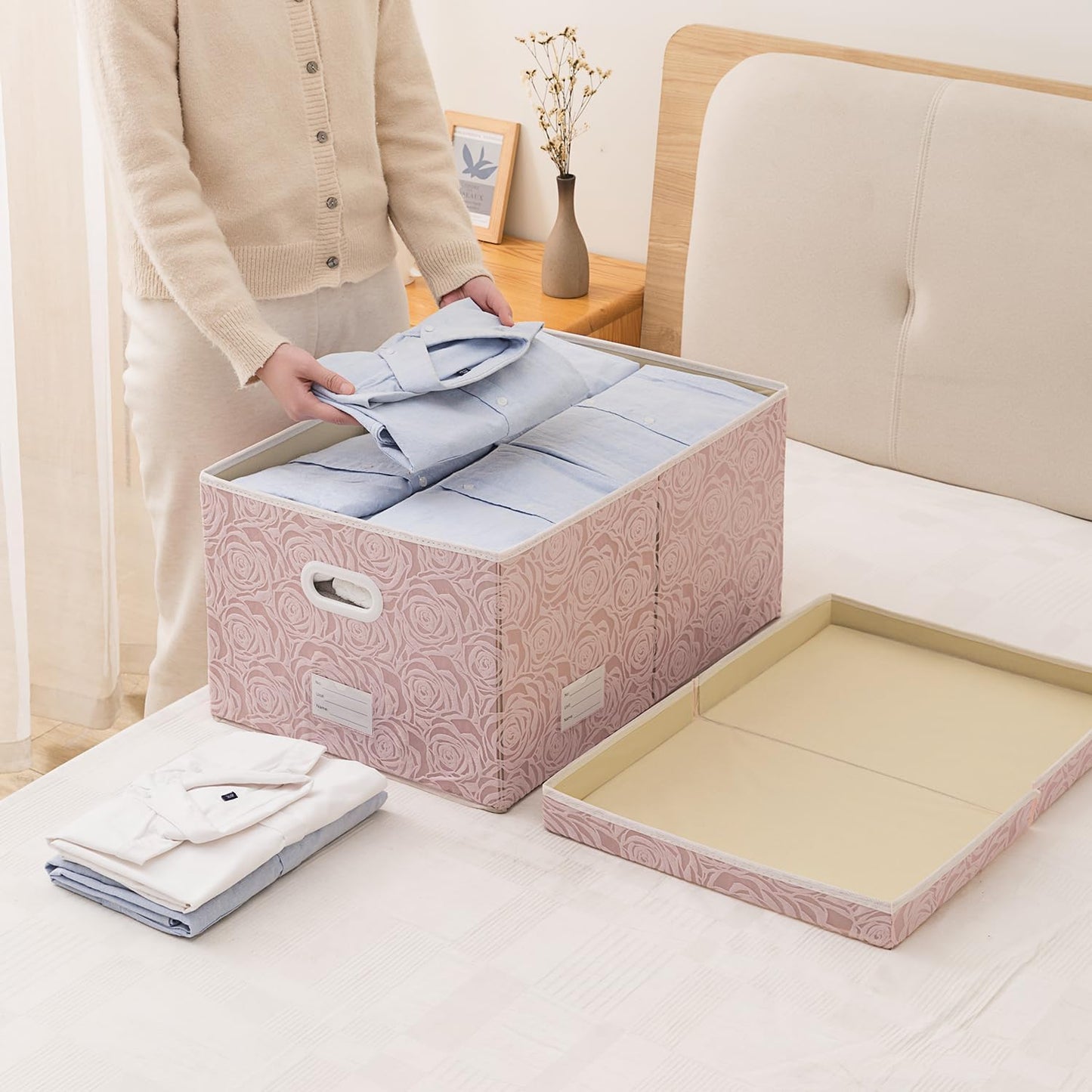 PRANDOM Extra Large Collapsible Storage Boxes with Lids Fabric Decorative Storage Bins Cubes Organizer Baskets with Cover Handles Divider for Bedroom Closet Living Room 19.7x15.7x11.6 Inch 3 Pack