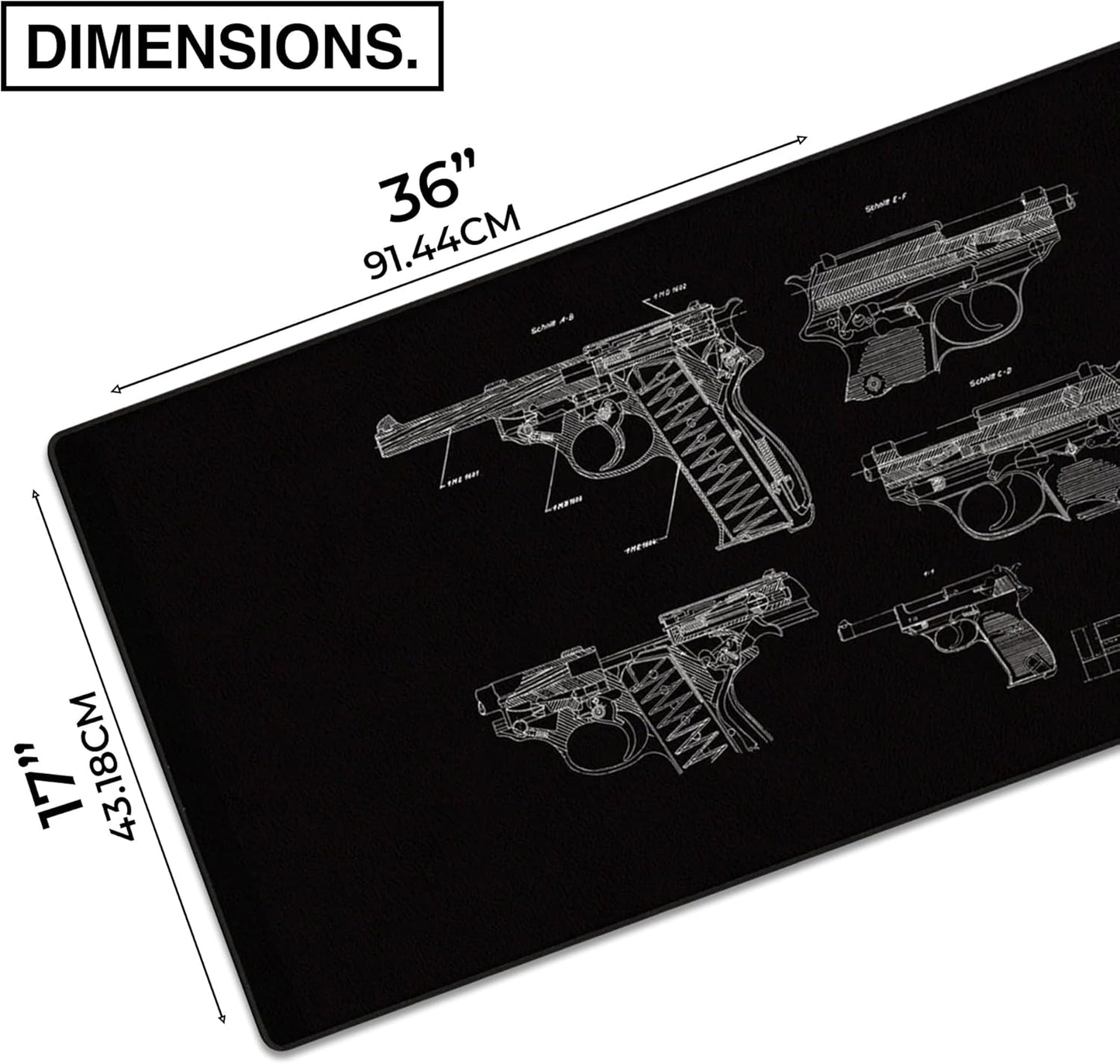 MPCO. Blueprints Large Gaming Desk Pad - 36" x 17" Aeroglyde Fabric Pistol 38 – Black Desk Mats - Non-Slip, Washable, Smooth Glide for Precision Gaming & Work