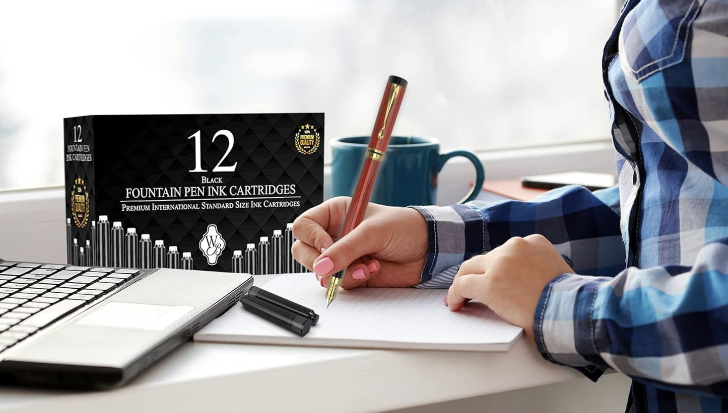 Wordsworth & Black 12 Pack Fountain Pen Ink Refills - Set of 12 Black Ink Cartridges - International Standard Size - Length APPR 2.3" - Base Diameter APPR 0.24" - Disposable and Generic