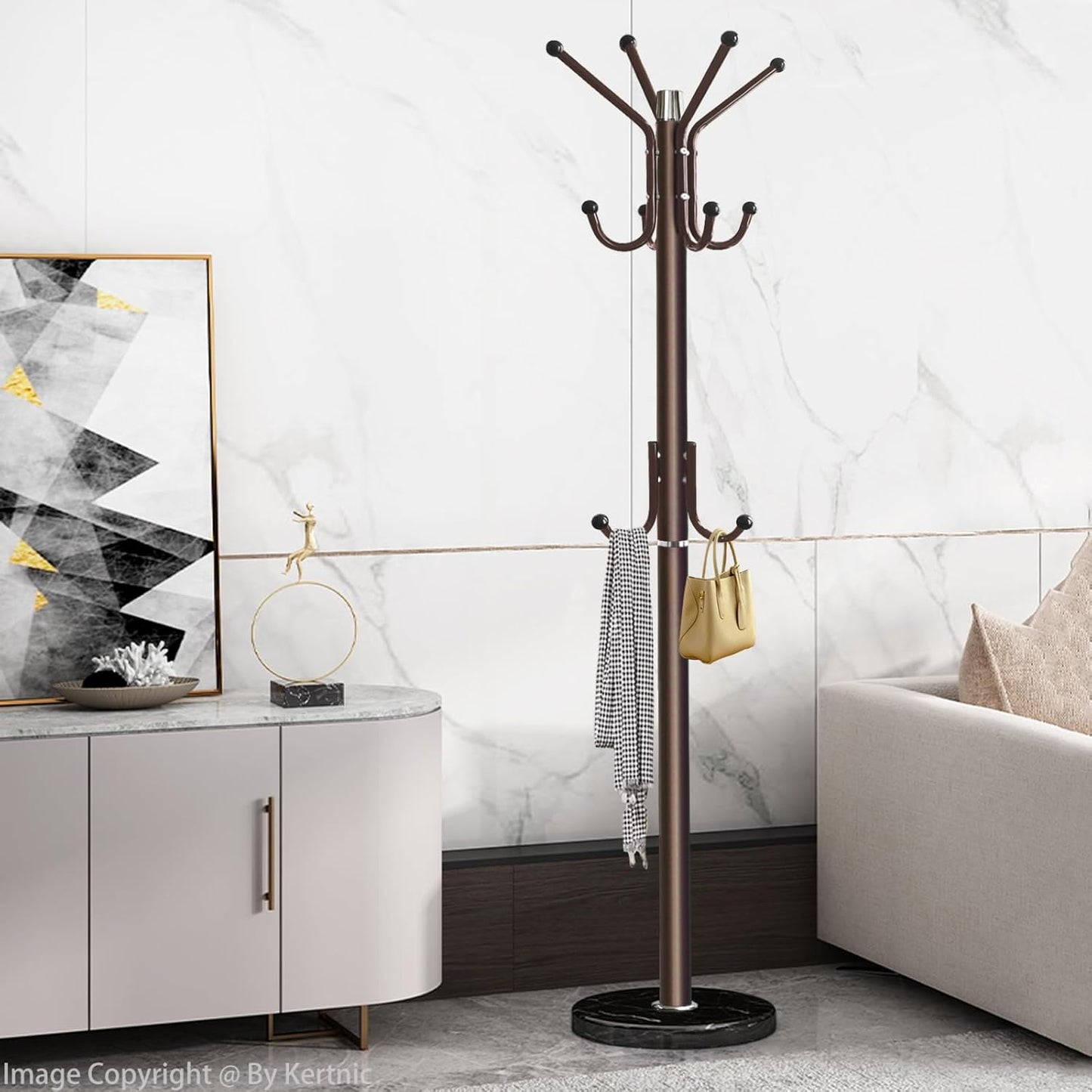 Kertnic Modern Coat Rack Freestanding with Natural Marble Base & Sturdy Metal Frame, 11 Hooks Hall Tree for Jackets, Hats, Bags, Entryway Organizer for Bedroom, Living Room, Closet (11 hooks-Bronze)