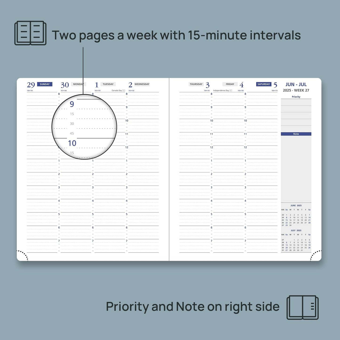 POPRUN Weekly Planner 2025-2026, 7.25'' x 8.5'', 15-Minute Hourly Appointment Book (July 2025-June 2026) with PU Leather Softcover, Monthly Tabs, Inner Pocket - Black