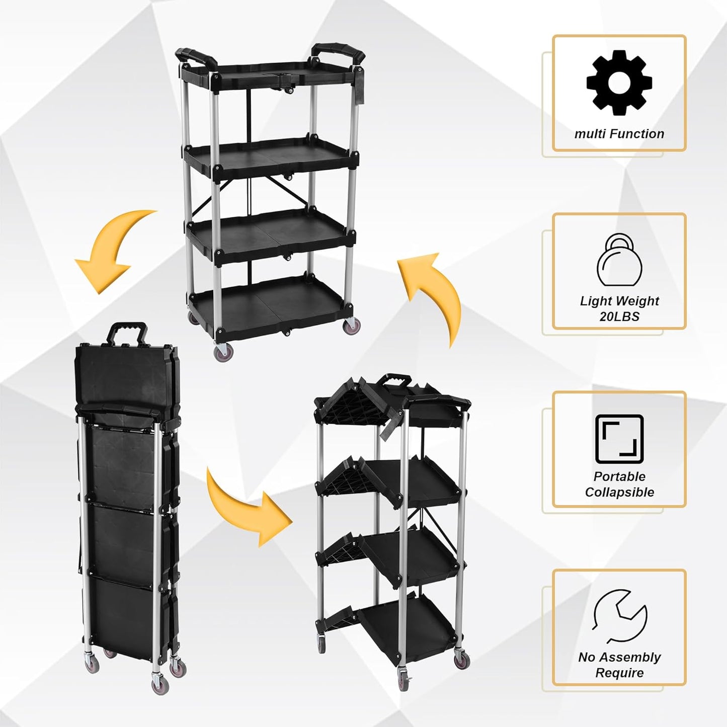 Folding Utility Cart, Portable Collapsible Service, 4 Shelf Heavy Duty Collapsible Tool with Wheels, Suitable for Office Warehouse Home, Black