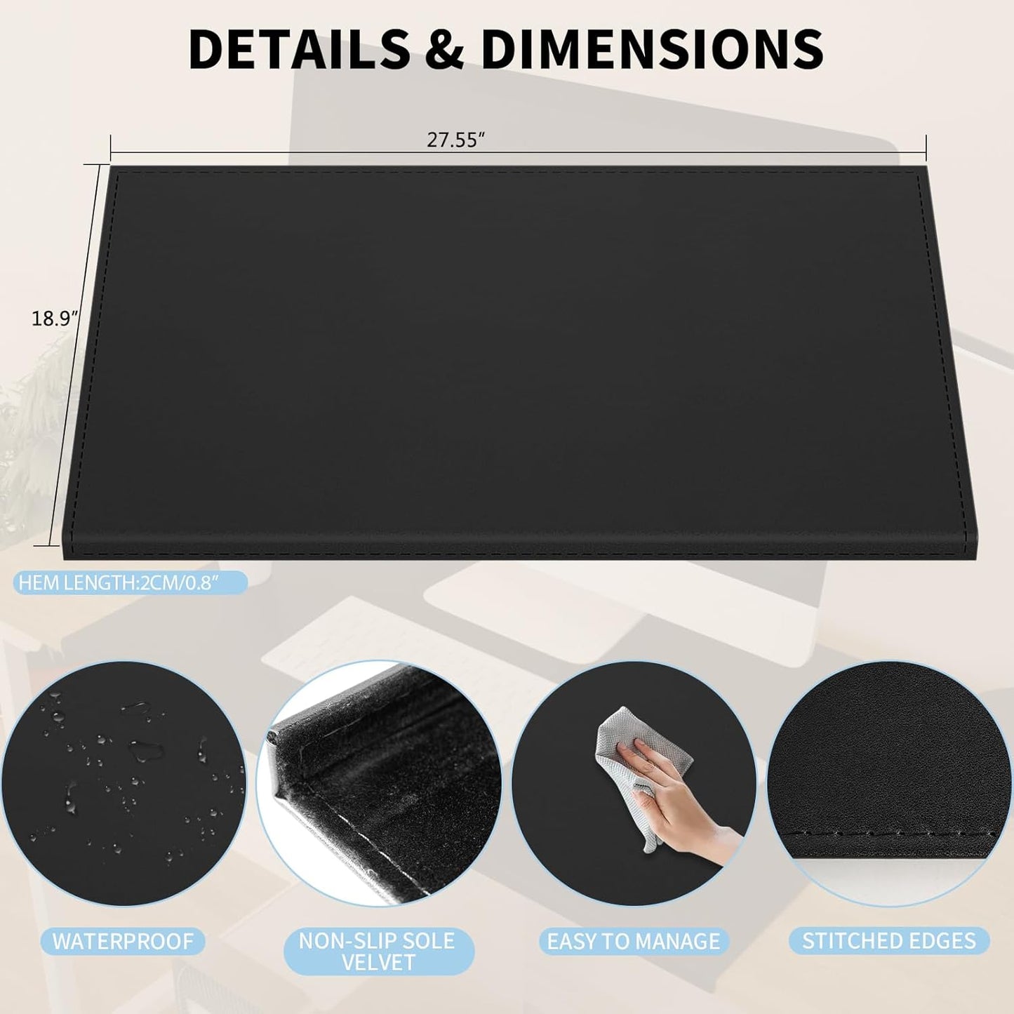 AKOZLIN 27.55”x 18.9" Soft PU Leather Surface Office Desk Mouse Mat Anti-Push Pad with Full Grip Fixation Lip Table Blotter Edge-Locked Protector