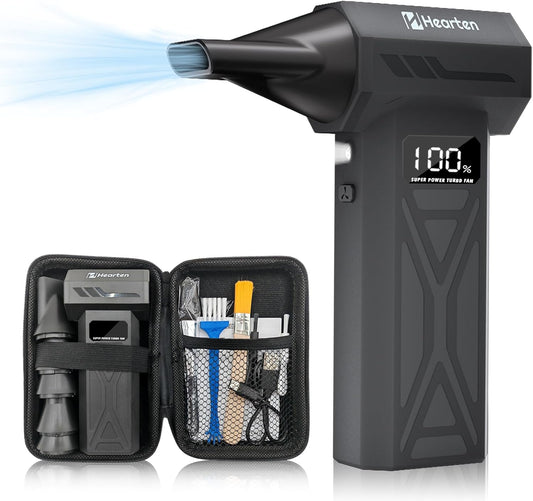 Mini Compressed Air Computer Duster 110000RPM, Cordless Electric Air Blower Rechargeable with LED Light, Case and Digital Display, for PC Keyboard Car Snow Removal & Outdoor, Air Bed, Black