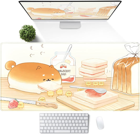 Cute Desk Mat Anime Cartoon Desk Pad Mouse Pad Kawaii Large Yellow Shiba Inu Gaming Mousepad XXL Laptop Keyboard Desktop Writing Pad Stitched Edge Desk Accessories for Girls Students 31.5''X15.7''