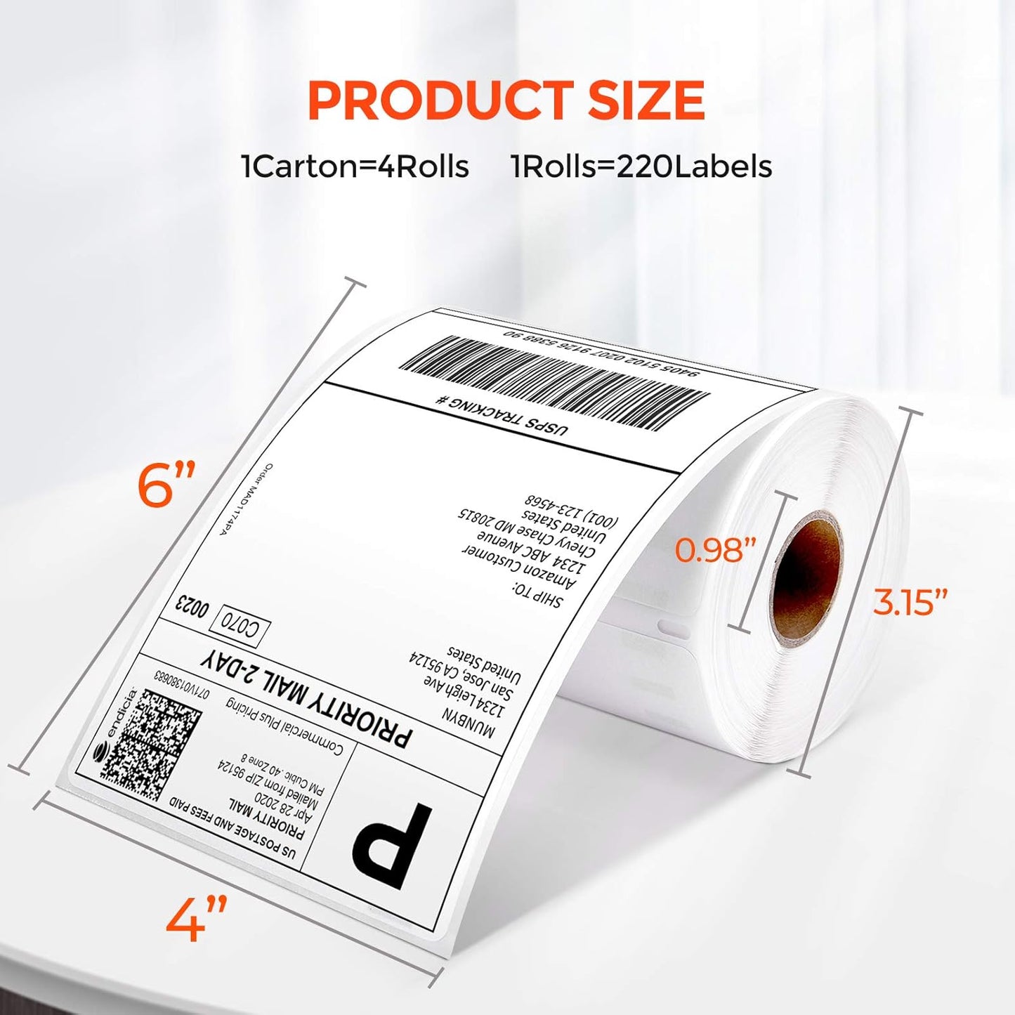 MUNBYN 4"x6" Direct Thermal Shipping Labels, 880 PCs/4 Rolls(220 Pcs per Roll), Perforated Postage Paper Compatible with MUNBYN and Other Printers, Not Compatible with DYMO Printer