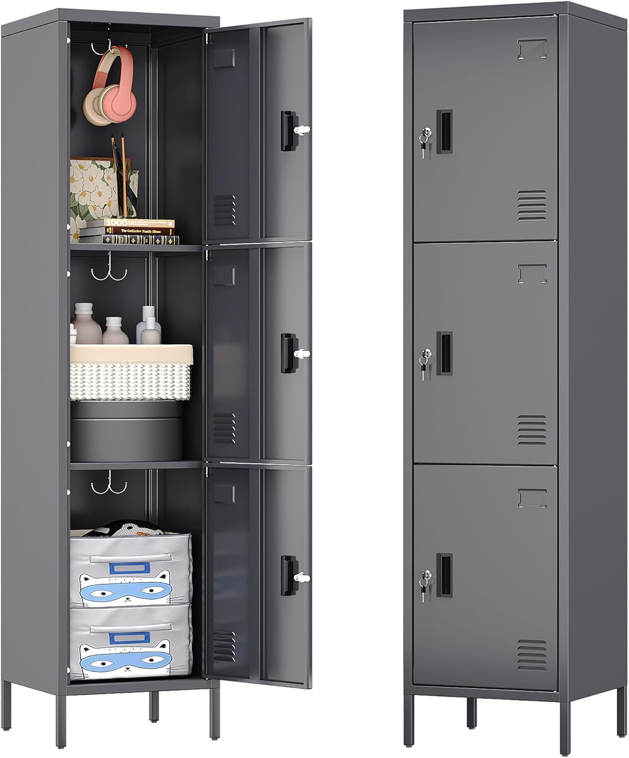 Metal Locker with Hooks and Ventilation Holes,Metal Storage Locker with Keys and Business Card Slof for Home,Gym,Garage,School,Office,66" H×15.75" W× 15.75" D,Assembly Required,Dark Grey