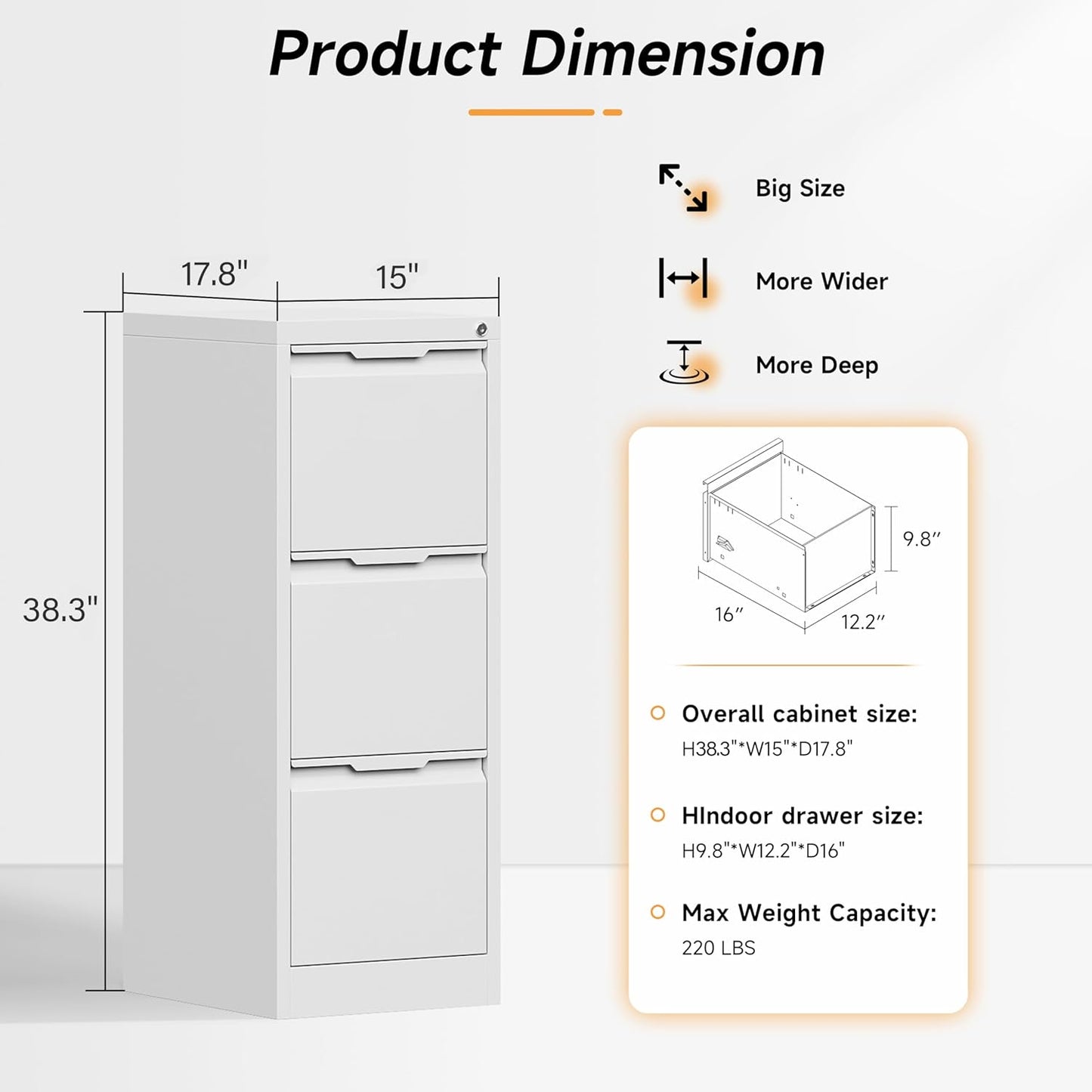 Bestoo 17.8" D File Cabinet, 3 Drawer Metal Filing Cabinets with Lock, Locking Vertical File Cabinet for Letter/Legal/A4/F4 Size, Easy Assemble (White)