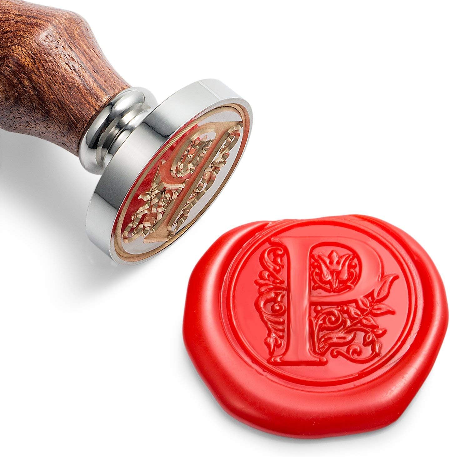 Mceal Wax Seal Stamp, Large Seal 1 1/5"(30mm) Dia, Silver Brass Head with Wooden Handle, Regal Letter A to Z Series (Letter P)