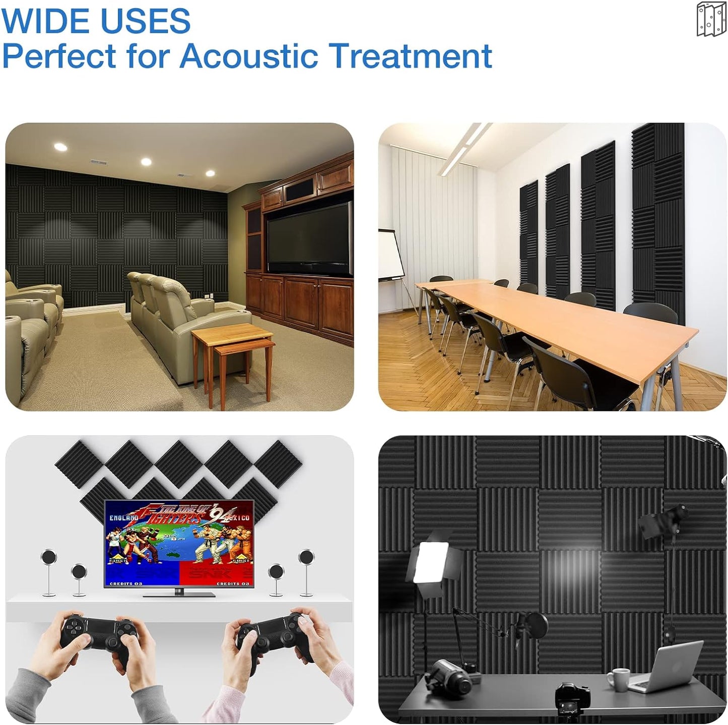 24 Pack Self-Adhesive Acoustic Panels - 2"X 12"X 12"Wall Panels - Quick-Recovery and High Density Sound Panels - Sound proof Acoustic Foam for Home Studio - Black