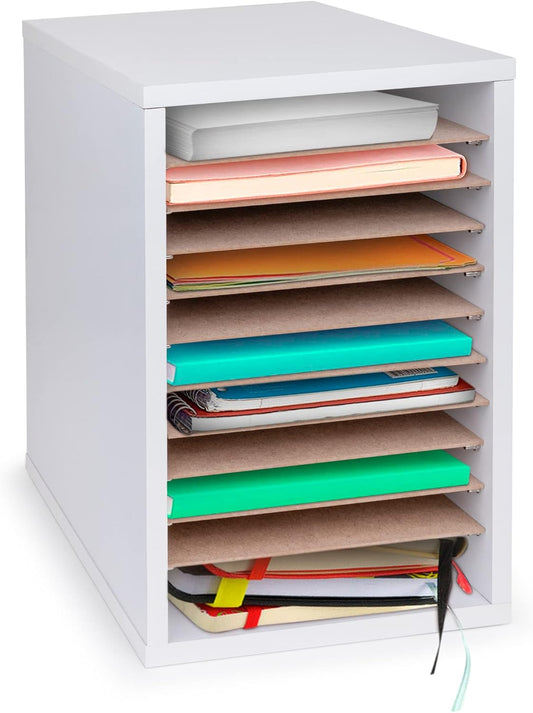 AdirOffice Classroom Mailbox - 11 Compartment Wooden Mail Organizer, Construction Paper Storage, Vertical Desktop Sorter with Slots, Mailboxes With Removable Shelves (11 Slot, White)