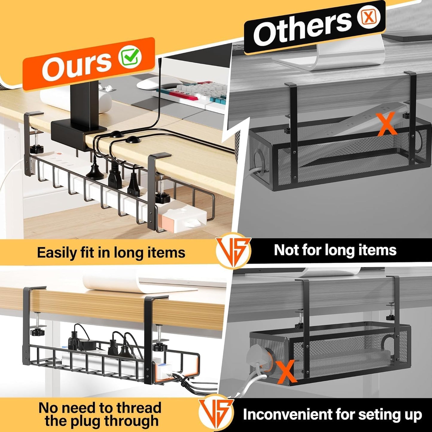3 Pack Cable Management Under Desk Tray, 47.1" No Drill Under Desk Wire Management with Upgraded Clamp, Metal Cord Organizers with Cable Organizers, PC Cord Organization Rack, Black