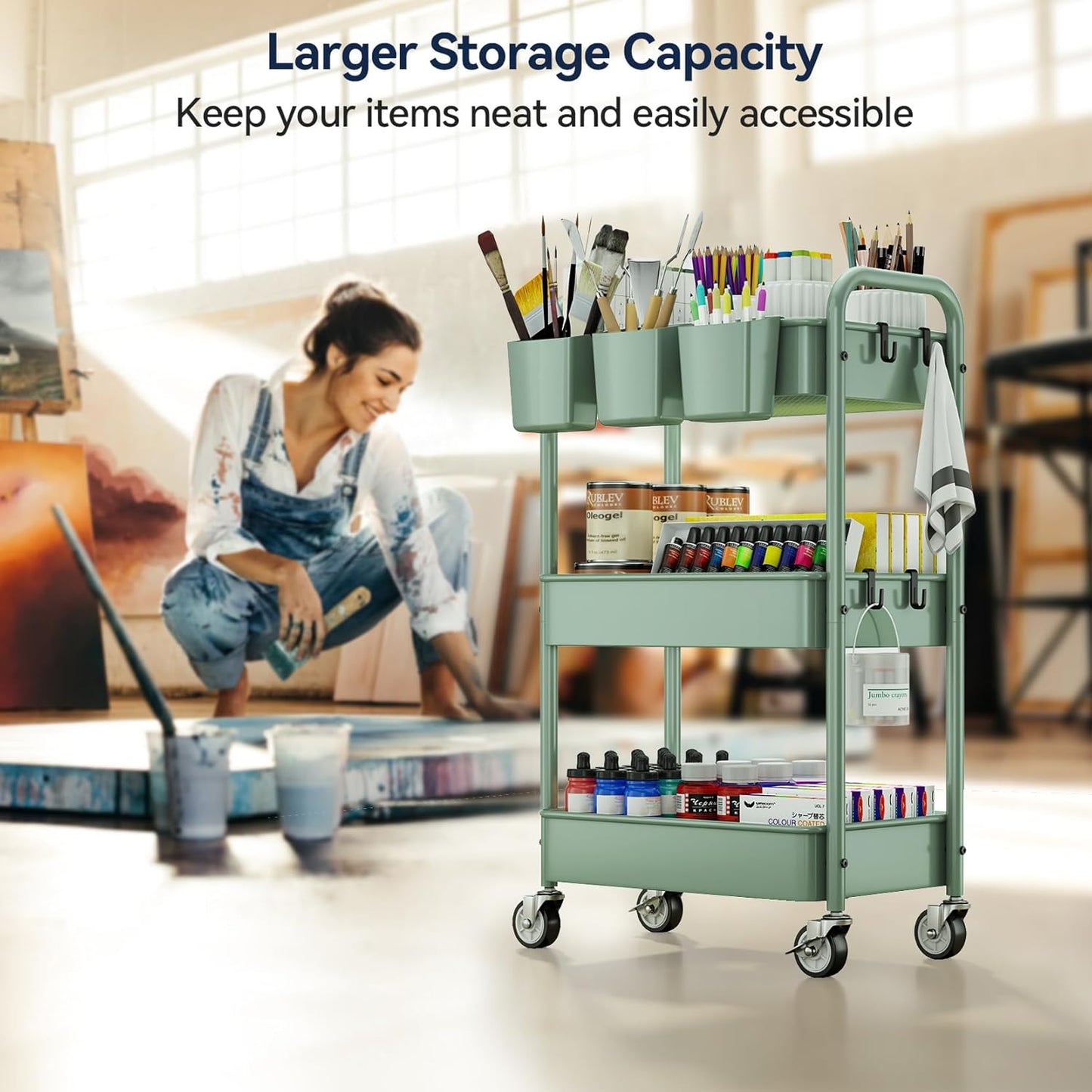 YASONIC 3-Tier Rolling Cart, Green, 66 Pounds Capacity, Mesh Storage Organizer with Lockable Wheels, 3 Hanging Cups, 4 Hooks, Easy Assembly, for Kitchen, Bathroom, Laundry, Grocery