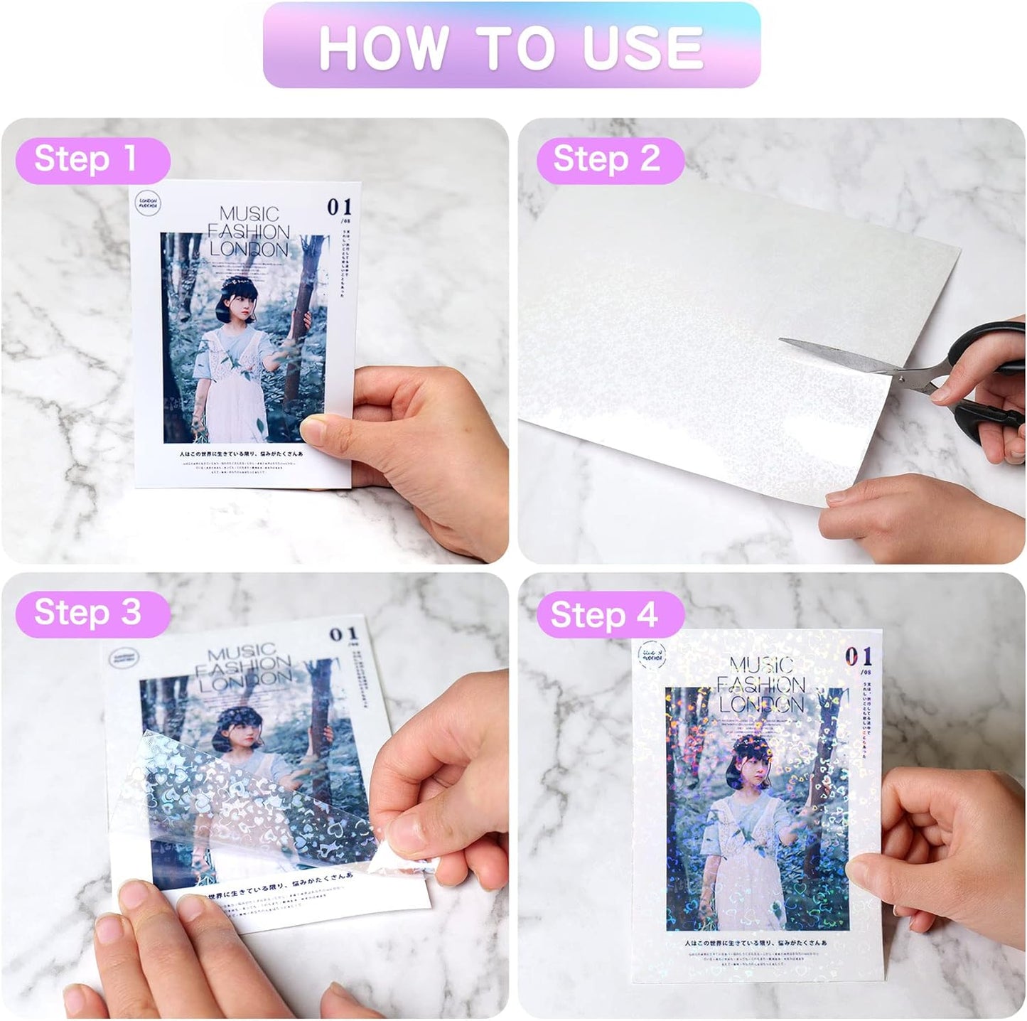 Holographic Sticker Paper, 36 Sheets Transparent Holographic Vinyl Overlay Lamination Sheets, Clear Self Adhesive Laminate Sticker Film for Stickers DIY Crafts, Heart Patterns - 8.5x11 Inch