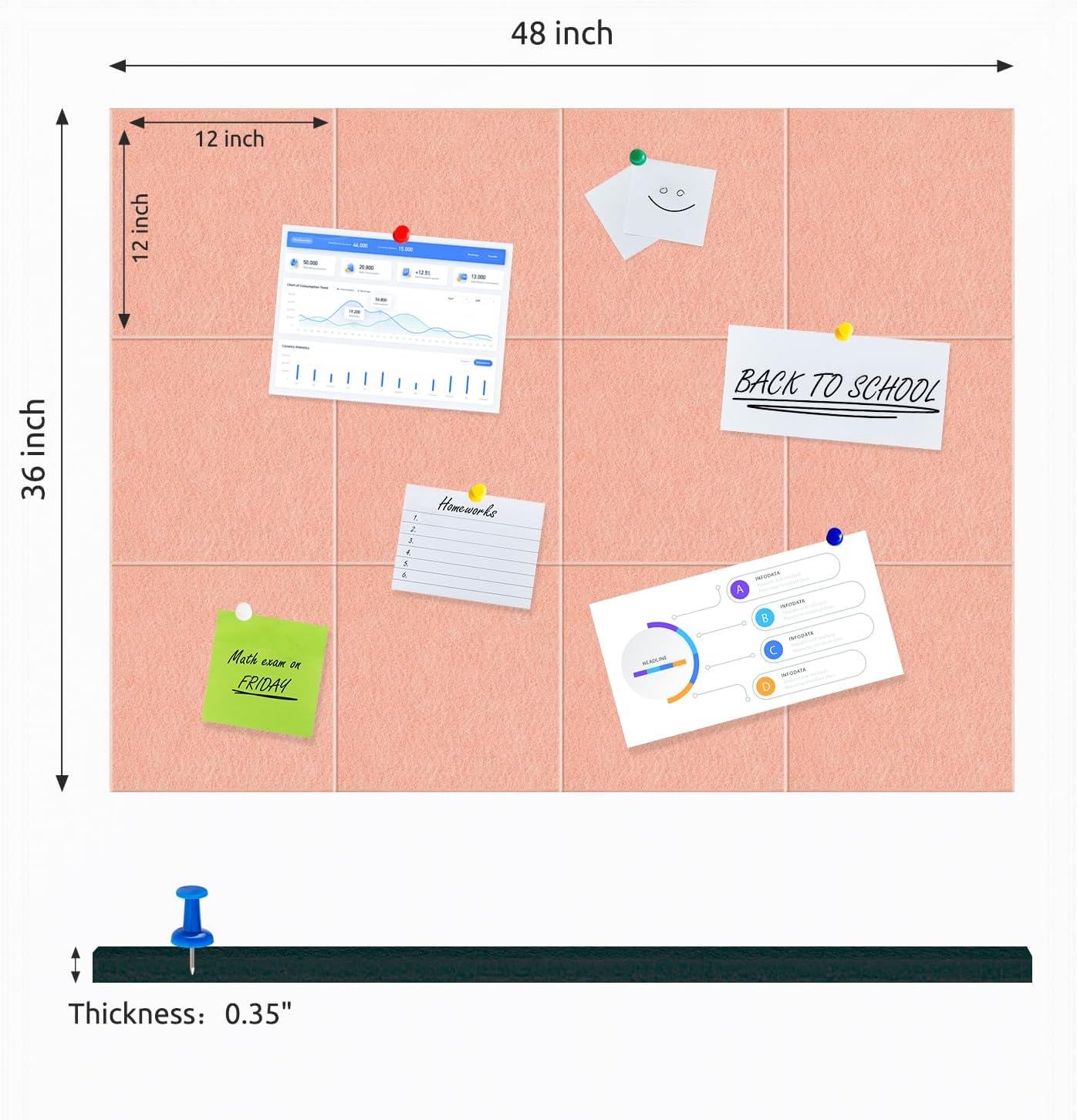 Cork Board for Wall,48"x36" 12 Pack Felt Wall Tiles with Safe Removable Adhesive Tabs, Bulletin Boards for Home Office Kitchen, Pin Board Notice Board for Photos, Memos, Pink
